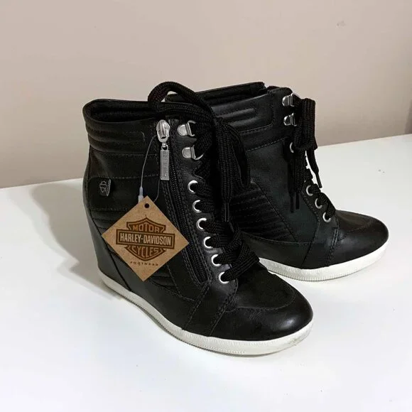Black Harley-Davidson Parkdale Zip-Up Leather Booties with Hidden 3.25" Wedge 7 - Picture 1 of 8